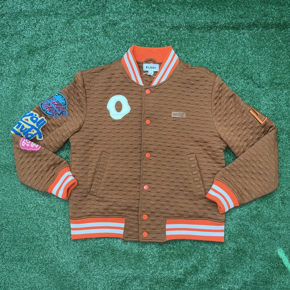 Men's Kleep Canvas Sleeves Varsity Jacket Brown Orange Size Small